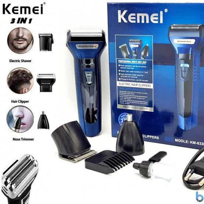 Kemei KM-6330 – 3-in-1 Rechargeable Grooming Kit for Hair, Beard & Shaving